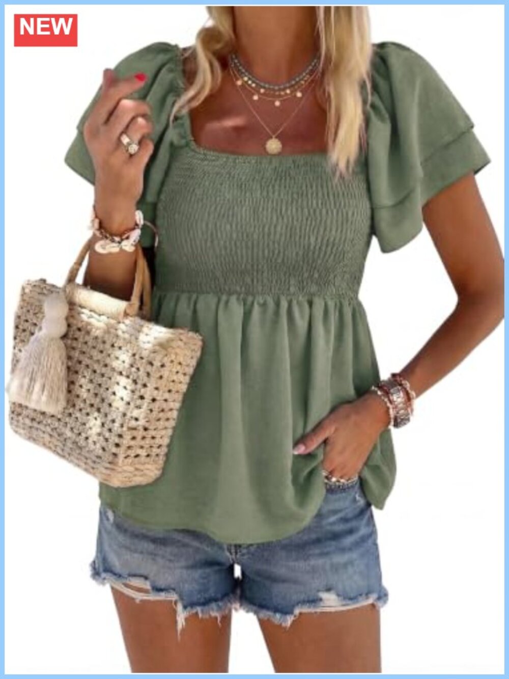 Women's Peplum Blouse Square Neck Ruffle Short Sleeve Smocked Top